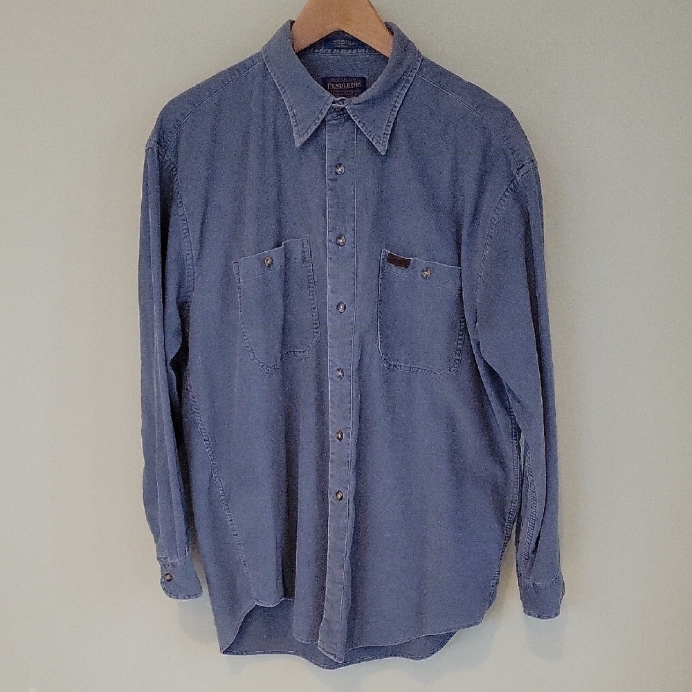 Pendleton Ribbed Blue Casual Button Down Shirt 10… - image 1